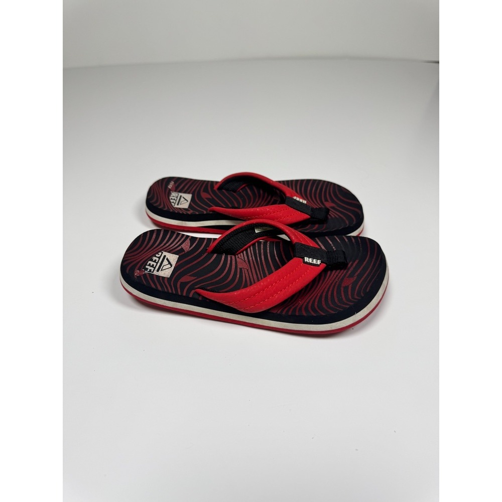 Reef Ahi Kids Flip Flops 11/12 Black Red Casual Slide Slip On Thong Sandals